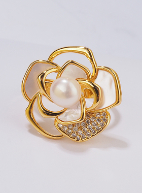 开口可调节淡水珍珠贝壳山茶花戒指女小众轻奢文艺指环食指戒尾戒