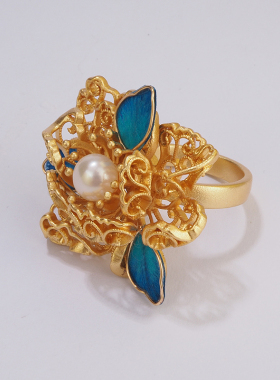 原创设计珐琅彩蓝色绒花牡丹戒指