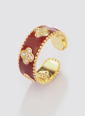 红色四叶花瓣开口宽体戒指环轻奢