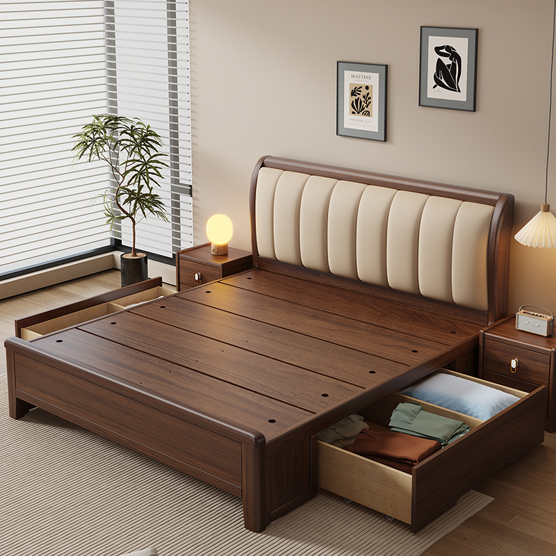 胡桃木实木床1.8米双人床现代简约1.5米家用储物床高箱收纳抽屉床 - 图2