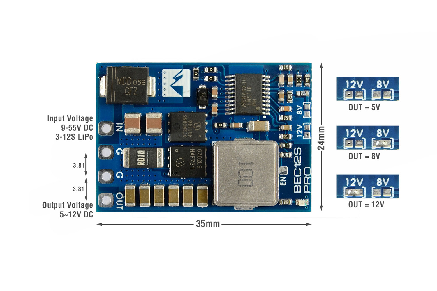 MATEK BEC12S-PRO 输入 9-55V  输出 5V/8V/12V-5A 可调 降压模块 - 图0