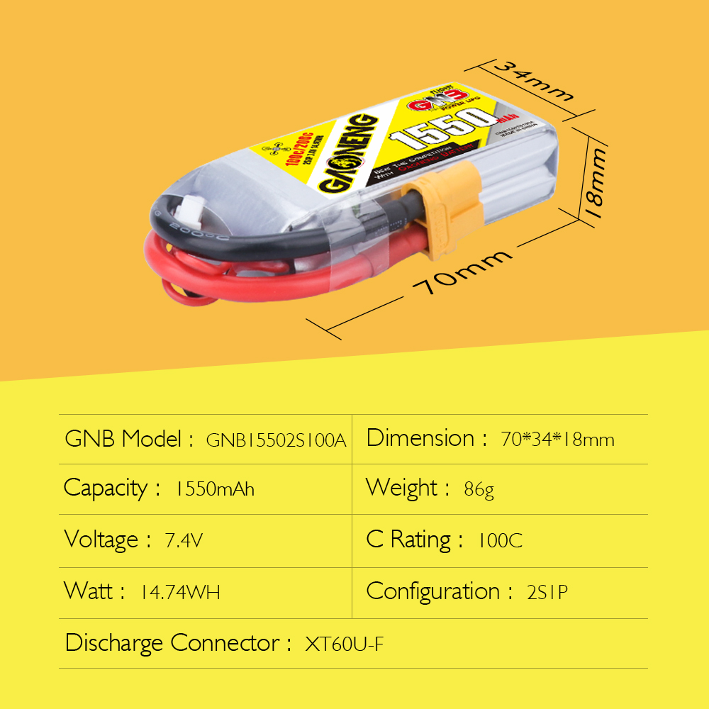 高能GNB 1550MAH 2S 7.4V 100C 高爆发FPV穿越机航模锂电池 - 图0