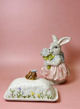 外贸出口 孤品 兔子陶瓷装饰摆件 储物罐 烛台 黄油盘 店铺装饰