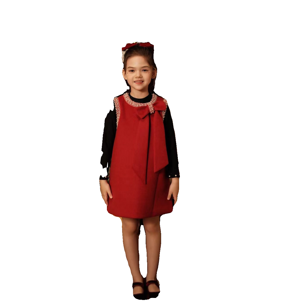 女童毛呢新年A字背心裙2025冬装新款韩版蝴蝶结公主红呢子连衣裙,淘宝优惠券,粉丝福利购,淘宝优惠卷