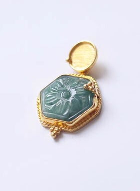 ArtJewelry意大利珠宝天然祖母绿吊坠925银镀金雕刻雕花卉吊坠女