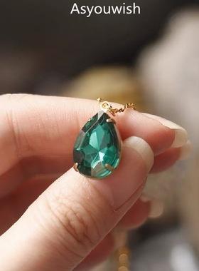 新绿|欧美回流进口老货莱茵石祖母绿中古董水滴吊坠银镀金项链女