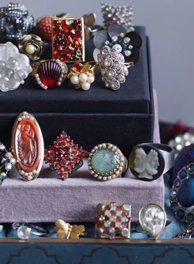 欧美进口复古着孤品Miriam Heaskell雕花老琉璃宝石vintage戒指环