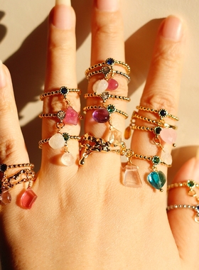 欧美印度进口天然黄水晶粉晶红宝石复古吊坠原创活口戒指vintage