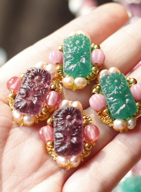 西德中古琉璃串珠粉红色项链耳夹