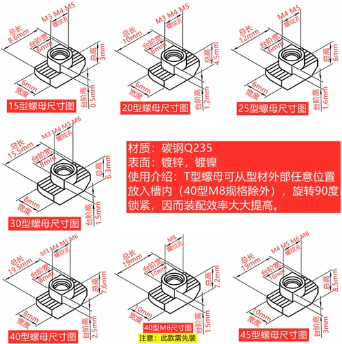 欧标铝型材T型螺母4545/4560/4590/9090/5050/50100/100船形螺帽 - 图1