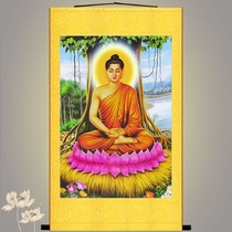 Bodhi tree Lower Sakyamuni Buddha portrait hanging painting Buddha Hall Living room Retro decoration Silk Cloth Scroll Painting Custom