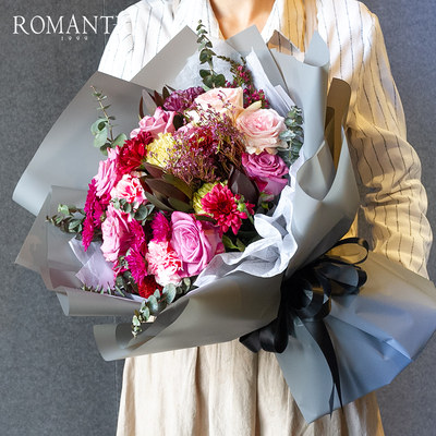 静物写生油画质感怀旧复古风格自然紫玫瑰灰色系风混搭花束北京 虎窝淘