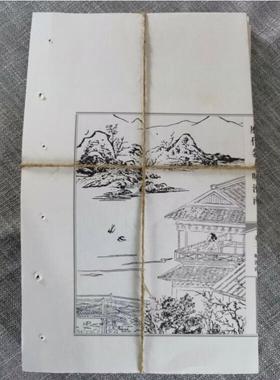 中文古诗词仿古卷黑白画新中式麻绳手札老书卷 复古装饰纸卷书页