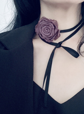 原创暗黑风手工干枯玫瑰灼烧花朵项链lolita系带长款choker手腕花