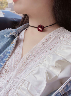 choker性感红色花朵纯银锁骨链