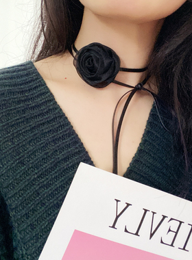 choker项链女网纱玫瑰花皮绳系带