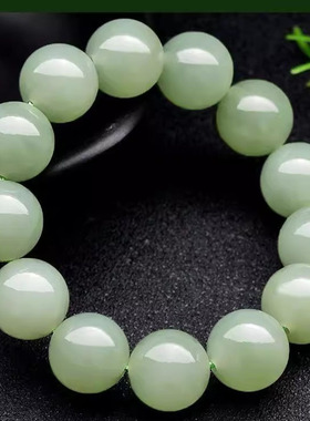 和田玉色冰晴水绿老型转运珠手链青海料湖水单圈男女手串圆珠手链