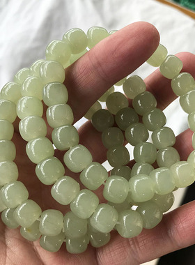 天然和田玉青海料色晴水绿玉石圆珠手串浅绿色老型珠手链男女转运