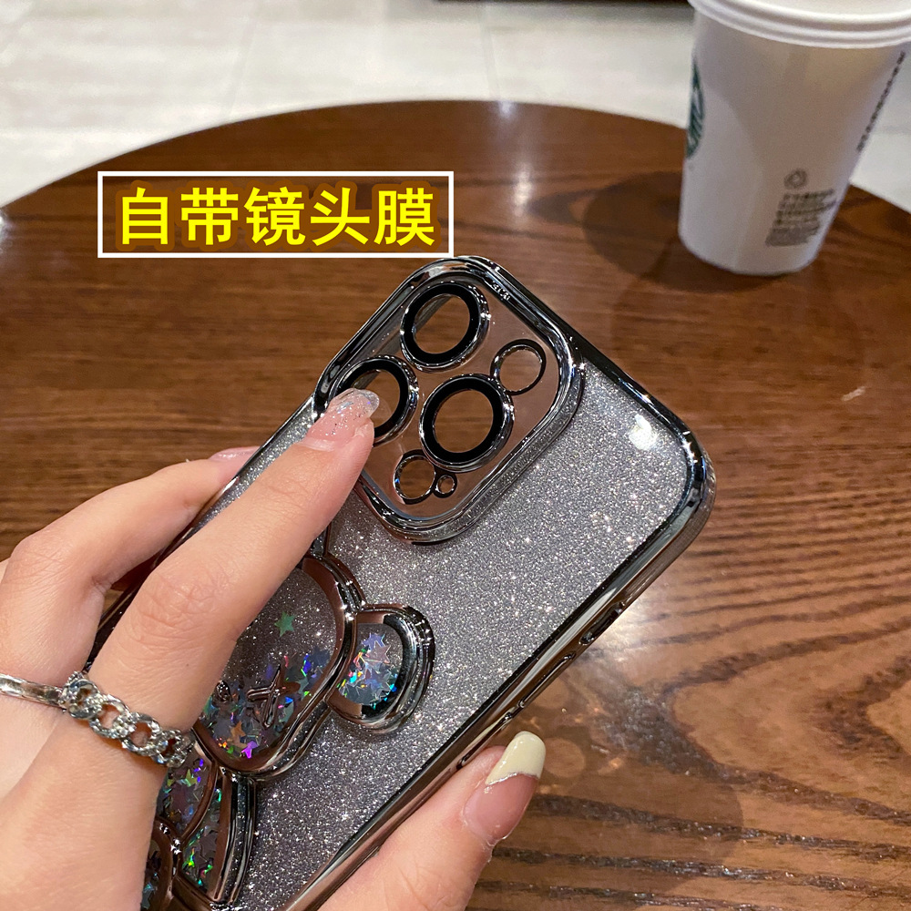 适用于iPhone15 14 13 12 11 Pro Max Case XSMAX XR X 78plus Glitter Liquid Bear Stand Cover流沙手机壳-图0