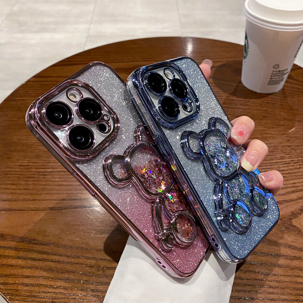 适用于iPhone15 14 13 12 11 Pro Max Case XSMAX XR X 78plus Glitter Liquid Bear Stand Cover流沙手机壳-图1