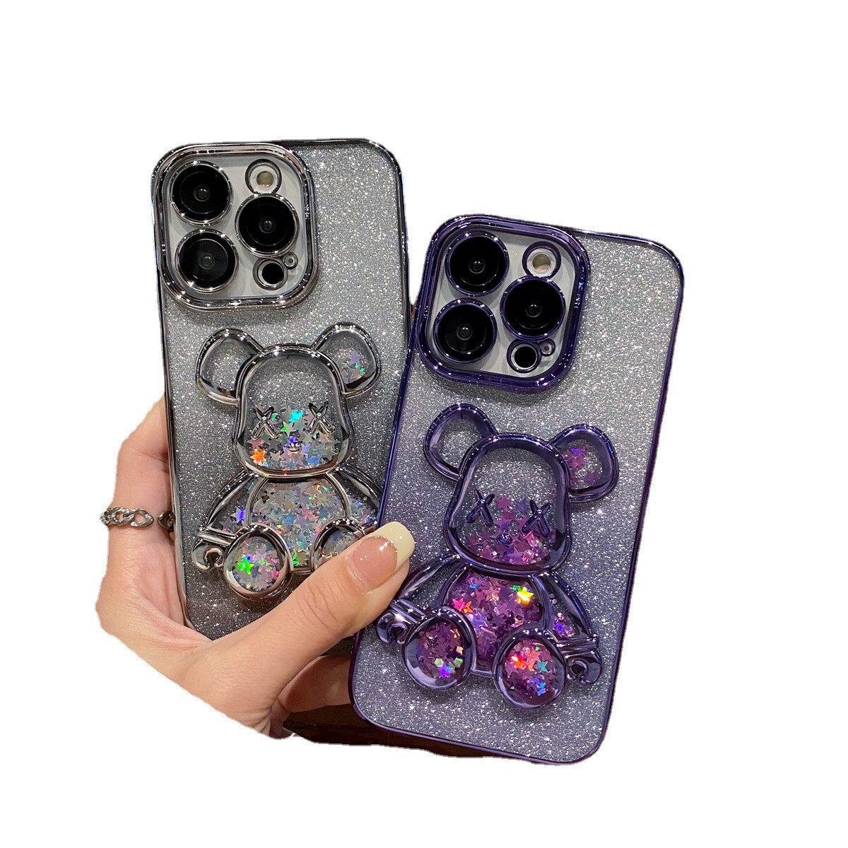 适用于iPhone15 14 13 12 11 Pro Max Case XSMAX XR X 78plus Glitter Liquid Bear Stand Cover流沙手机壳-图3