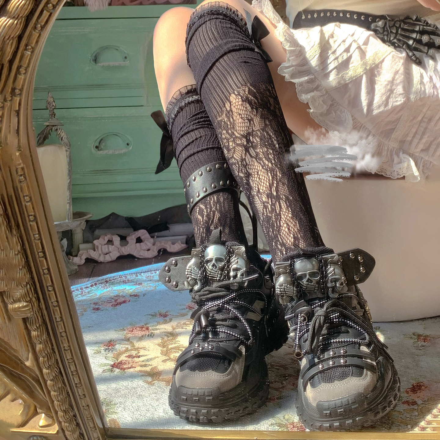 pinkyo原创骷髅头十字架金属朋克风老爹鞋亚文化暗黑系厚底运动鞋 - 图2