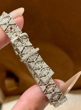 S925纯银精工宫廷风交叉纹菱格镂空满钻手链蕾丝工艺软骨皮带手饰