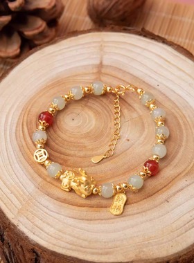 【招才纳福】S925银 和田玉 玛瑙貔貅 手链 新中式 进福