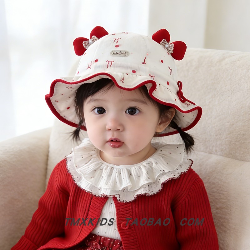 女宝宝渔夫帽春秋季新款珍珠花边婴幼儿遮阳防晒帽蝴蝶结波点盆帽,淘宝优惠券,粉丝福利购,淘宝优惠卷