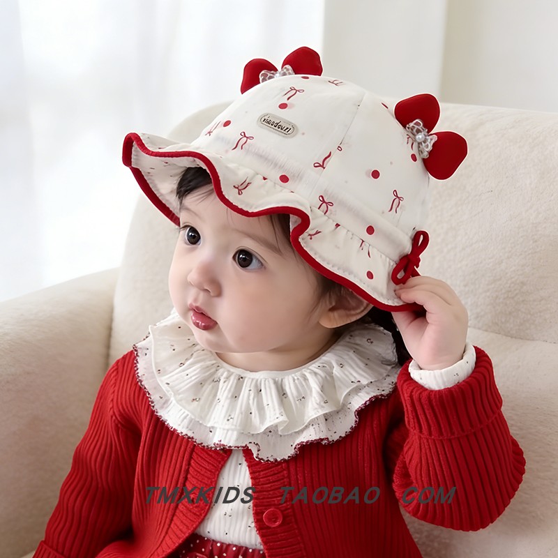 女宝宝渔夫帽春秋季新款珍珠花边婴幼儿遮阳防晒帽蝴蝶结波点盆帽,淘宝优惠券,粉丝福利购,淘宝优惠卷