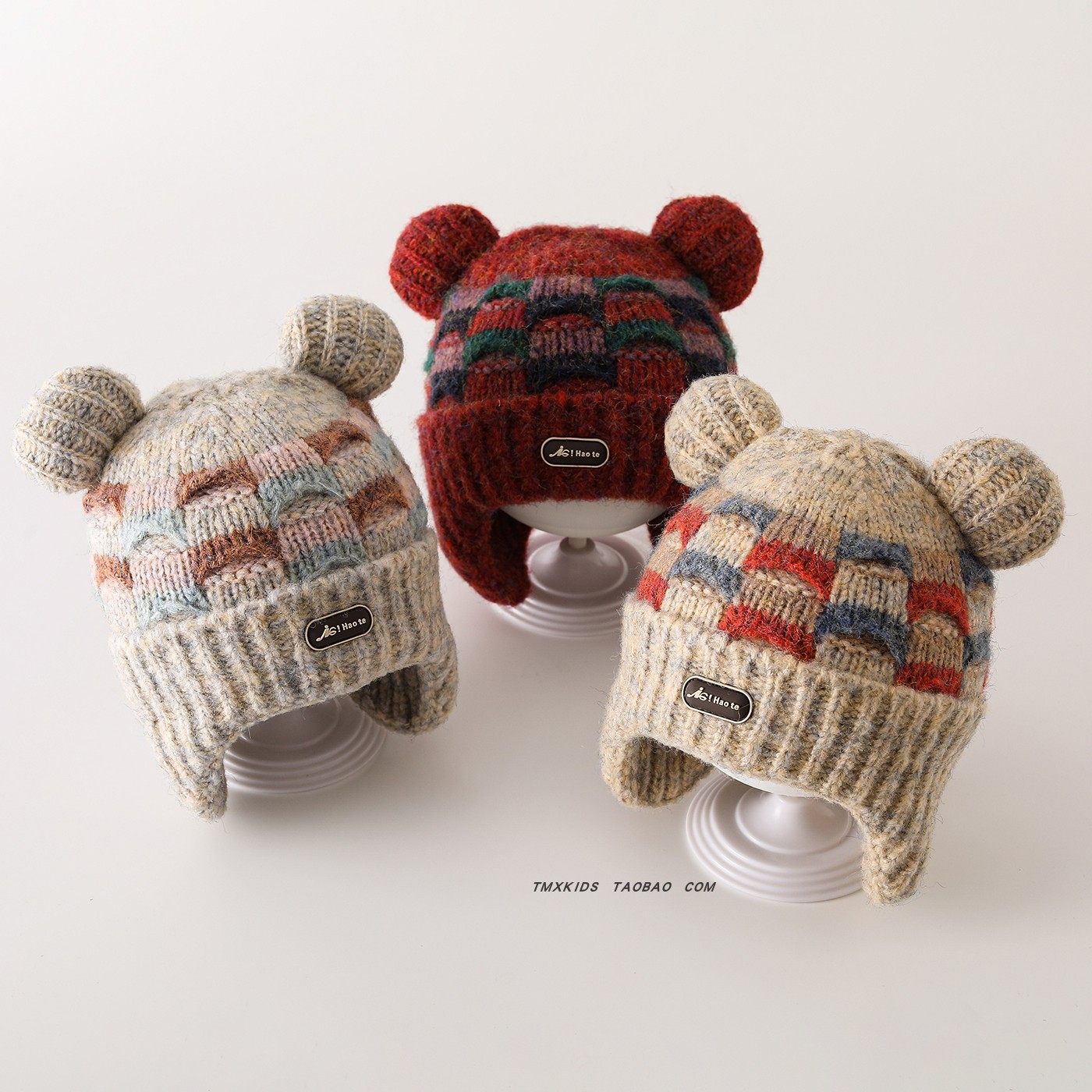 2025儿童帽子冬季毛线帽韩版彩色拼接格子男童女童加厚保暖护耳帽,淘宝优惠券,粉丝福利购,淘宝优惠卷