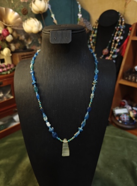 千年古珠高古琉璃稀少纯蓝色琉璃项链配藏珠宝塔吊坠项链