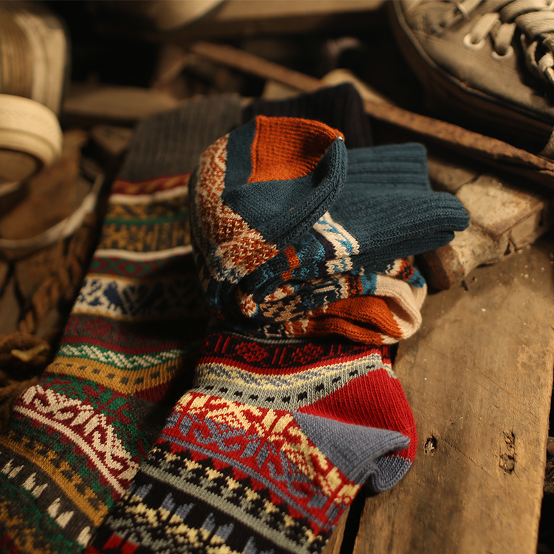 冬季新款日本日系粗线复古民族风男中筒棉袜 美式咔叽工装靴长袜 - 图1