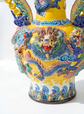 【本尼家】非遗手工彩釉交趾陶大九龙瓶中式陶瓷家居装饰玄关摆件