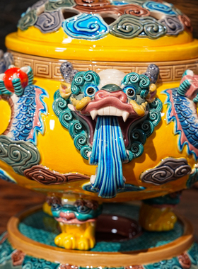 【本尼家】YJ21非遗手工彩釉交趾陶龙头香炉书房桌面禅意摆件