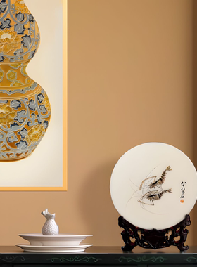 【本尼家】YZ82非遗扬州漆器彩螺小台屏《双虾映水》中式玄关摆件