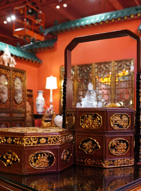 【本尼家】YS70中式装饰三层盖盒花梨木雕刻描金山水人物提篮摆件