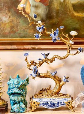 本尼家】HX34欧式瓷镶铜青花大烛台复古工艺家居玄关摆件