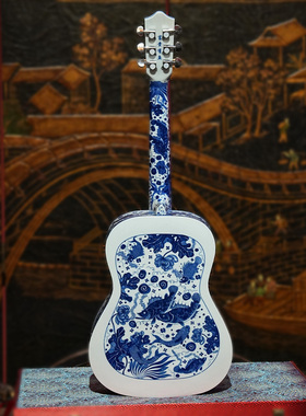 【本尼家】非遗好物青花陶瓷吉他乐器《莲莲有鱼》中式玄关摆件