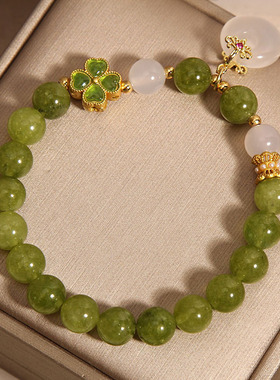 新中式绿色碧玺水晶手链女轻奢小众精致四叶草玉髓平安扣手串手环