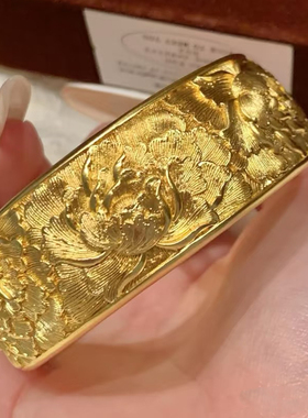 沙金錾刻牡丹繁花手镯结婚五金女