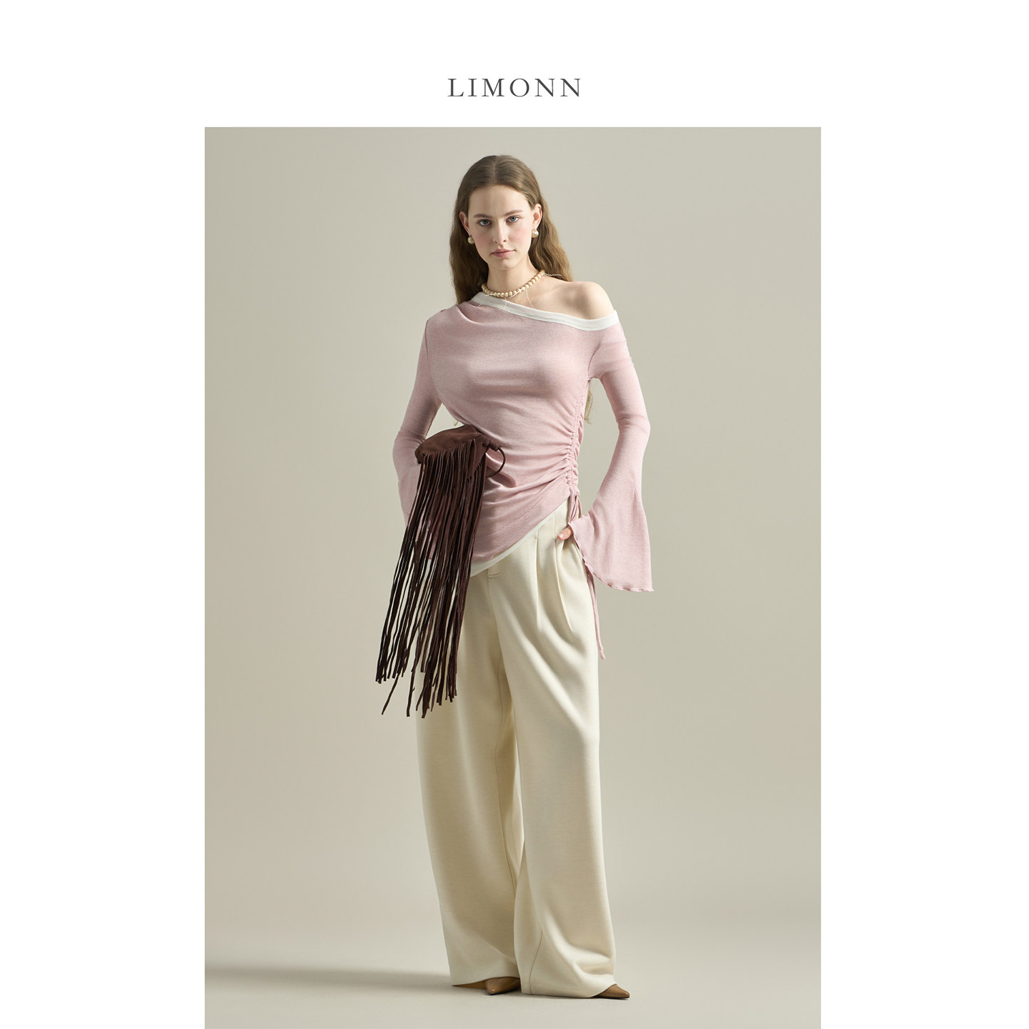 LIMONN绝美温柔一字肩假两件上衣女喇叭袖侧边抽绳打底T恤内搭冬,淘宝优惠券,粉丝福利购,淘宝优惠卷