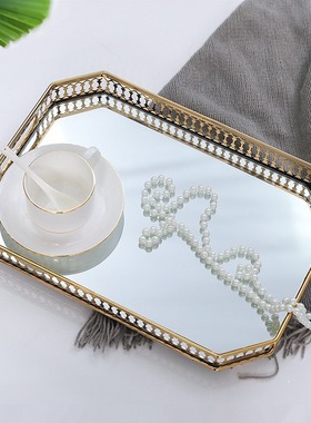 欧式轻奢玻璃金属托盘卧室客厅茶几玄关收纳盘水杯茶盘摆件小托盘