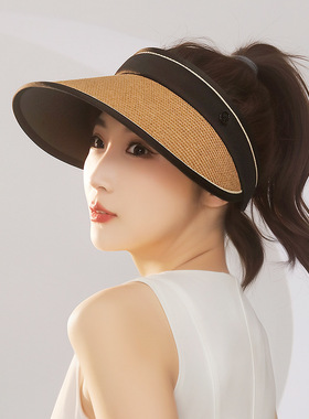 春夏季新款遮阳空顶草帽女士海边沙滩防晒太阳帽大檐遮脸发箍草帽