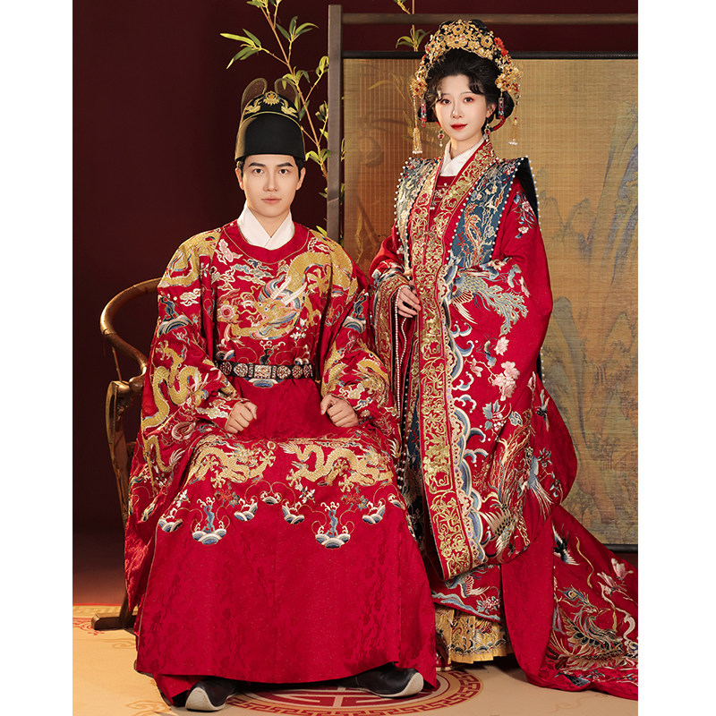 桃花序【百鸟朝凤】明制婚服重工中式嫁衣凤冠霞帔汉服男女款全套,淘宝优惠券,粉丝福利购,淘宝优惠卷