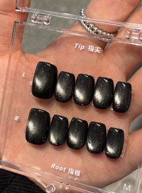 纯手工穿戴甲短款金属黑色钻甜酷美甲欧美ins高级甜酷辣妹