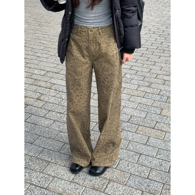 HaloLuu American retro leopard ພິມ jeans ຂາກວ້າງ