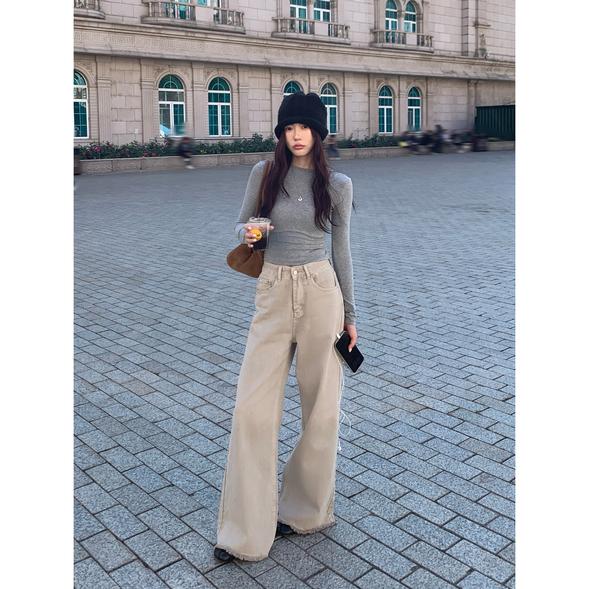 Halo Luu卡其色直筒牛仔裤女秋季做旧休闲毛边窄版显瘦拖地阔腿裤,淘宝优惠券,粉丝福利购,淘宝优惠卷