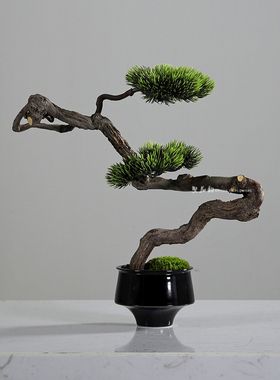 新中式日式禅意仿真迎客松绿植盆景玄关花架茶几茶室样板间售楼处