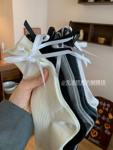 秋蝴蝶结配袜子女夏季芭蕾风薄款女款纯棉夏天玛丽珍鞋中筒堆堆袜 - 图2
